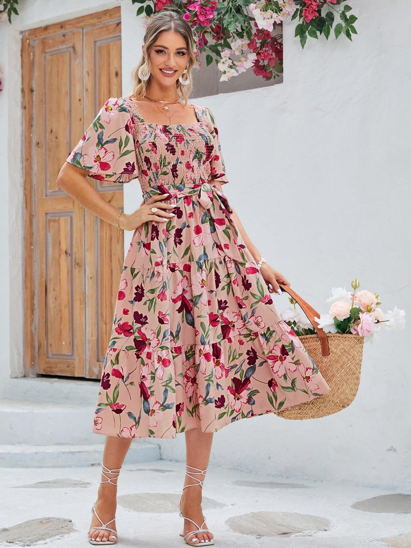 Amegoya Women's Flowy Summer Boho Floral Midi Dress Casual Square Neck Smocked Cottagecore Dress (Pink Floral XL) - Image 3