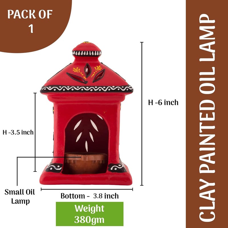 Shabana Art Potteries Handmade Handpainted Terracotta hut lamp Red  - Image 3