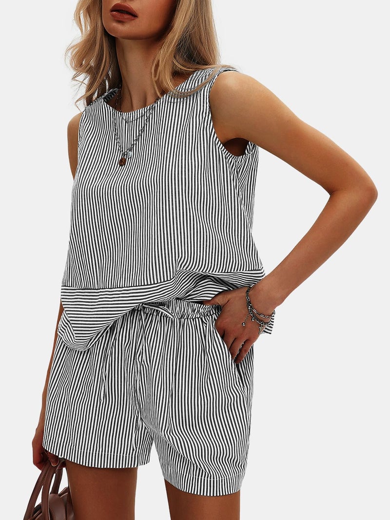 EXLURA Womens 100% Cotton Two Piece Sets Summer Outfits Casual Sleeveless Tank Top Matching Shorts Sets Beach Vacation Resort - Image 4