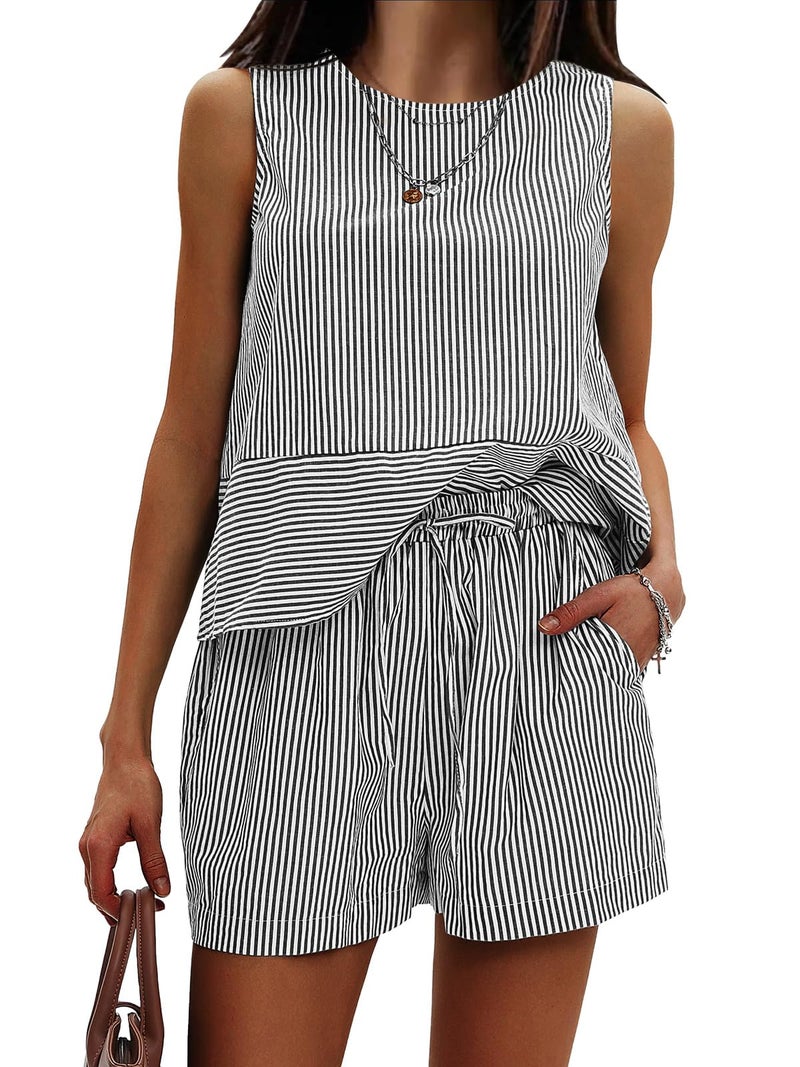 EXLURA Womens 100% Cotton Two Piece Sets Summer Outfits Casual Sleeveless Tank Top Matching Shorts Sets Beach Vacation Resort - Image 1