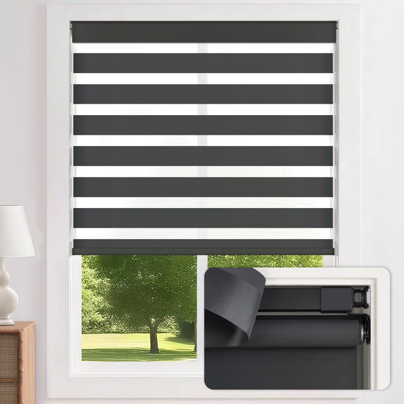 LazBlinds No-Drill Cordless Zebra Blinds - Dual Layer Light Filtering & Room Darkening, Free-Stop Lift, Easy Install, Day & Night Privacy with Valance for Window 19" W x 64" H, Black - Image 1