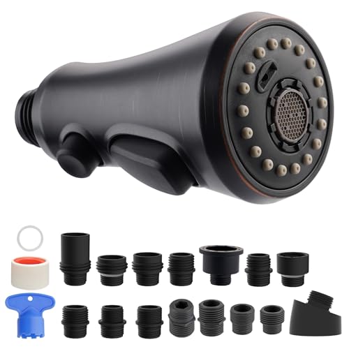 Hibbent Pull Down Kitchen Faucet Head Replacement NSFANSICAN 61 CUPC Certified 3Function Sink Spray Nozzle with 15 Adapters Compatible with Moen Delta Kohler Faucets OilRubbed Bronze - Image 1