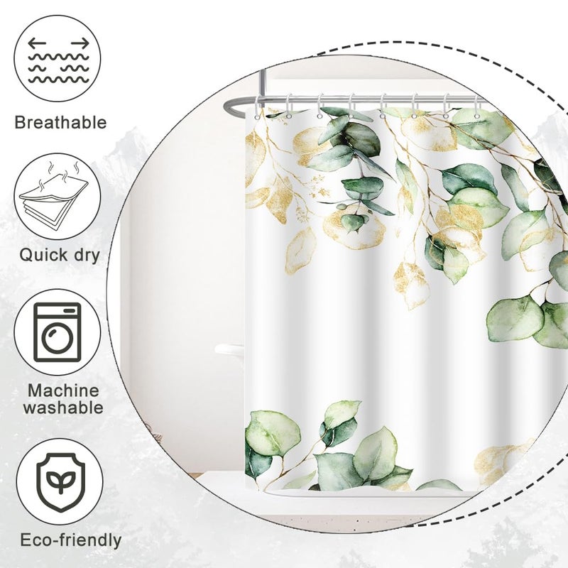 Ruelvth Sage Green Green Eucalyptus دش ستارة خضراء وأوراق الذهب ستارة الدش للحمام مقاوم للماء الستارة الدش النباتية مع السنانير 48 × 72 بوصة - Image 3