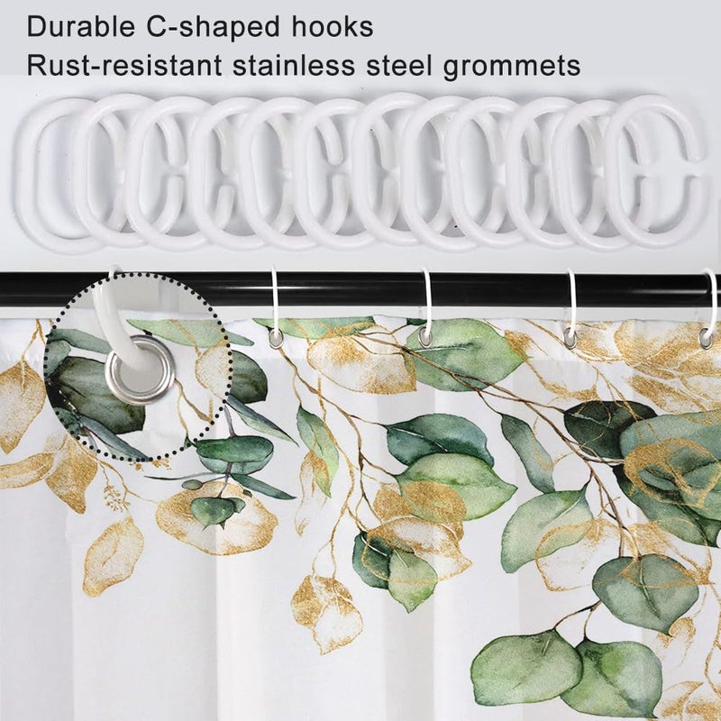 Ruelvth Sage Green Green Eucalyptus دش ستارة خضراء وأوراق الذهب ستارة الدش للحمام مقاوم للماء الستارة الدش النباتية مع السنانير 48 × 72 بوصة - Image 4