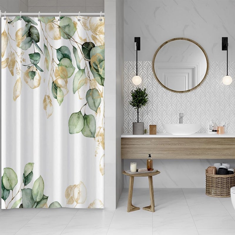 Ruelvth Sage Green Green Eucalyptus دش ستارة خضراء وأوراق الذهب ستارة الدش للحمام مقاوم للماء الستارة الدش النباتية مع السنانير 48 × 72 بوصة - Image 1