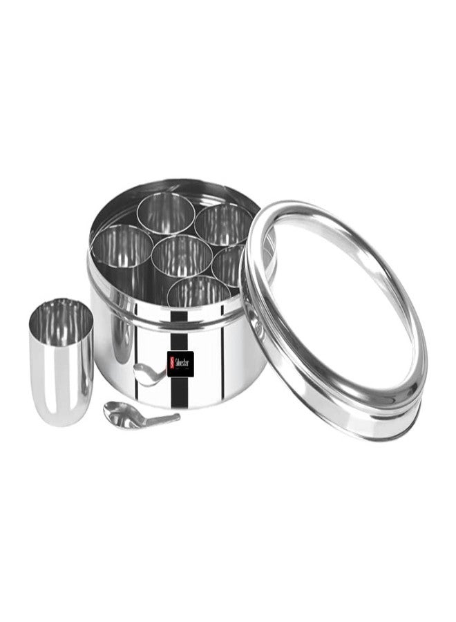 SILVESTER® Stainless Steel Round Masala (Spice) Box/Container/Organiser with See Through Lid With 7 Containers and Small Spoon Size 11 (Stailness Steel, Pack of 1) - Image 2