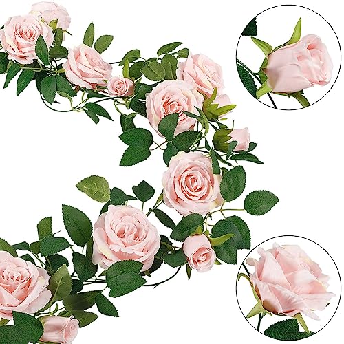 BowieMall Artificial Rose Garland Artificial Silk Rose Flower Vines Hanging Floral Garland For Backdrop Wedding Party Garden Hotel Outdoor Wall Decorations (9 Flower, Pink), 5 Centimeters - Image 2