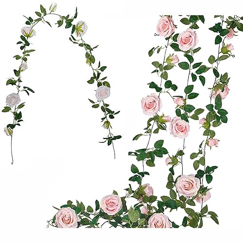 BowieMall Artificial Rose Garland Artificial Silk Rose Flower Vines Hanging Floral Garland For Backdrop Wedding Party Garden Hotel Outdoor Wall Decorations (9 Flower, Pink), 5 Centimeters - Image 1