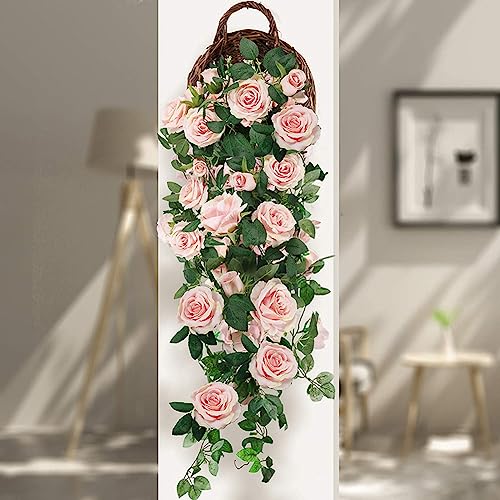 BowieMall Artificial Rose Garland Artificial Silk Rose Flower Vines Hanging Floral Garland For Backdrop Wedding Party Garden Hotel Outdoor Wall Decorations (9 Flower, Pink), 5 Centimeters - Image 3