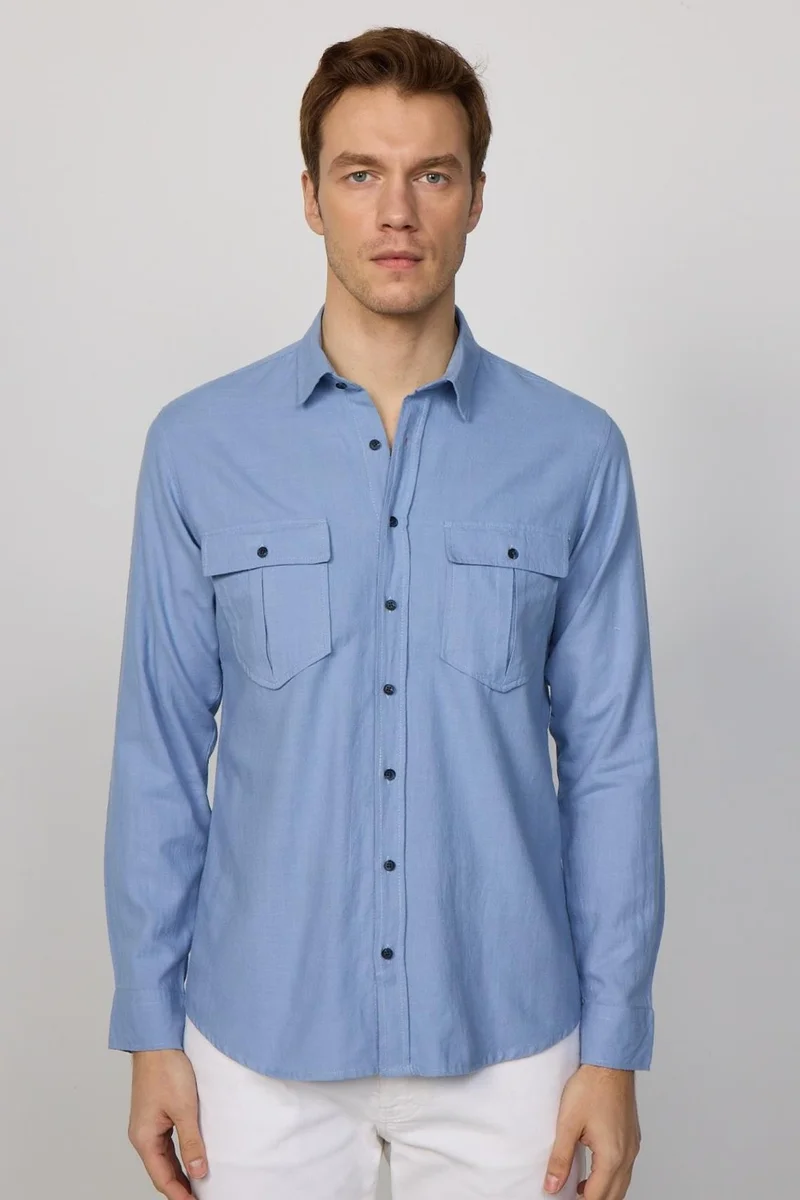 تودورس Classic Fit Double Pocket Cotton Linen Blue Men's Shirt