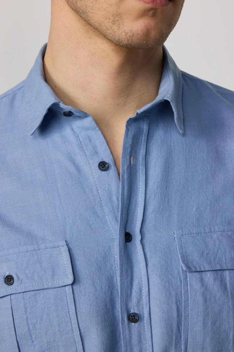 تودورس Classic Fit Double Pocket Cotton Linen Blue Men's Shirt
