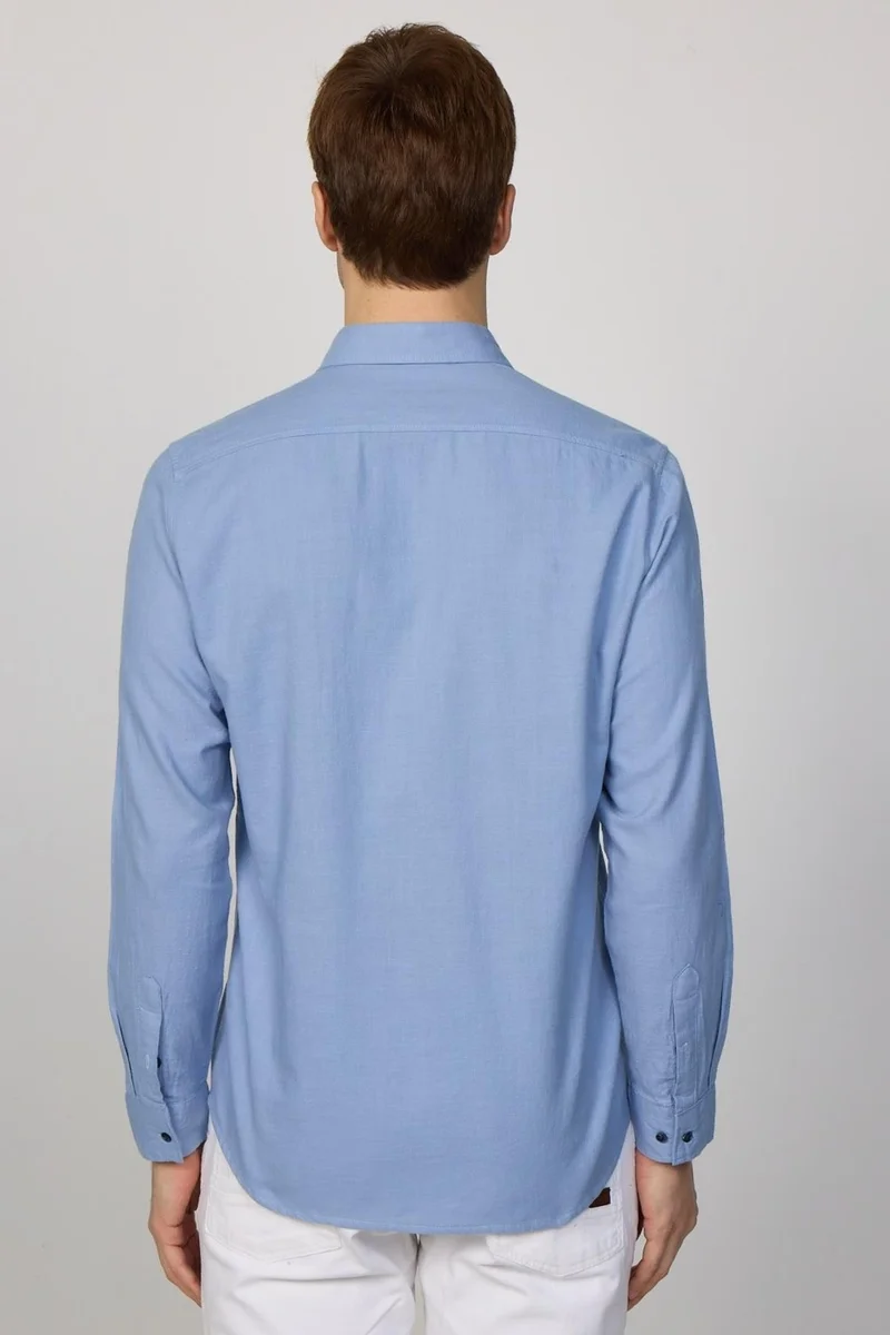 تودورس Classic Fit Double Pocket Cotton Linen Blue Men's Shirt