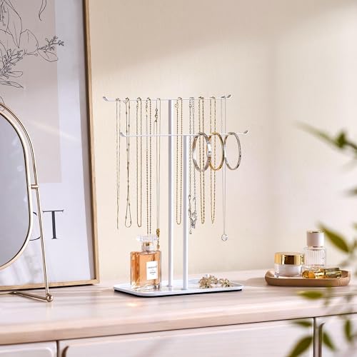 pickpiff Necklace Holder Jewelry Organizer Stand 2Tier TBar Jewelry Display Tree with Tray for Countertop Necklace Bracelet Earring Storage Vanity Dresser Bathroom Sink White - Image 3