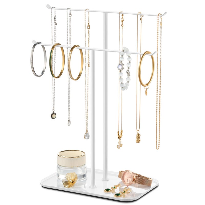 pickpiff Necklace Holder Jewelry Organizer Stand 2Tier TBar Jewelry Display Tree with Tray for Countertop Necklace Bracelet Earring Storage Vanity Dresser Bathroom Sink White - Image 2
