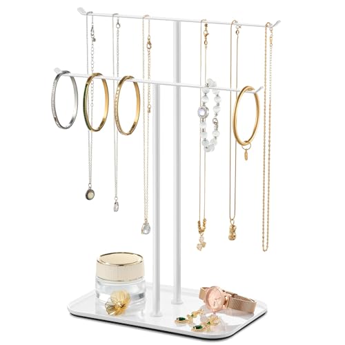 pickpiff Necklace Holder Jewelry Organizer Stand 2Tier TBar Jewelry Display Tree with Tray for Countertop Necklace Bracelet Earring Storage Vanity Dresser Bathroom Sink White - Image 1