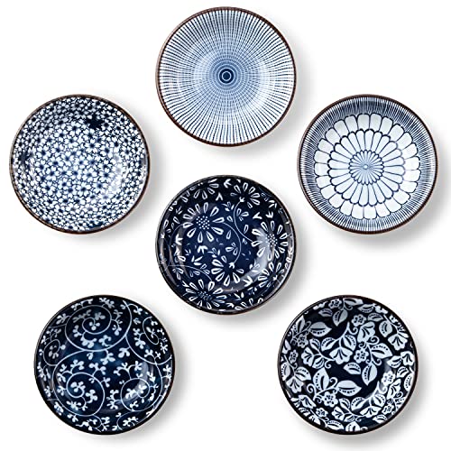 Eisinly Dipping Bowls, Soy Sauce Dish Ceramic, 3 OZ Small Serving Bowls for Side Dishes Vintage Blue Stylish Design, Set of 6 Mini Appetizer Plates for Condiment Sushi Ketchup BBQ Party, 4 Inch - Image 1