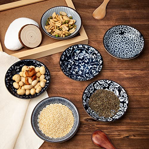 Eisinly Dipping Bowls, Soy Sauce Dish Ceramic, 3 OZ Small Serving Bowls for Side Dishes Vintage Blue Stylish Design, Set of 6 Mini Appetizer Plates for Condiment Sushi Ketchup BBQ Party, 4 Inch - Image 3