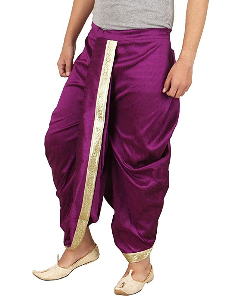 Royal Kurta Mens Silk Blend Free Size Dhoti Mid Rise Relaxed Pants (Purple-Pati) - Image 3