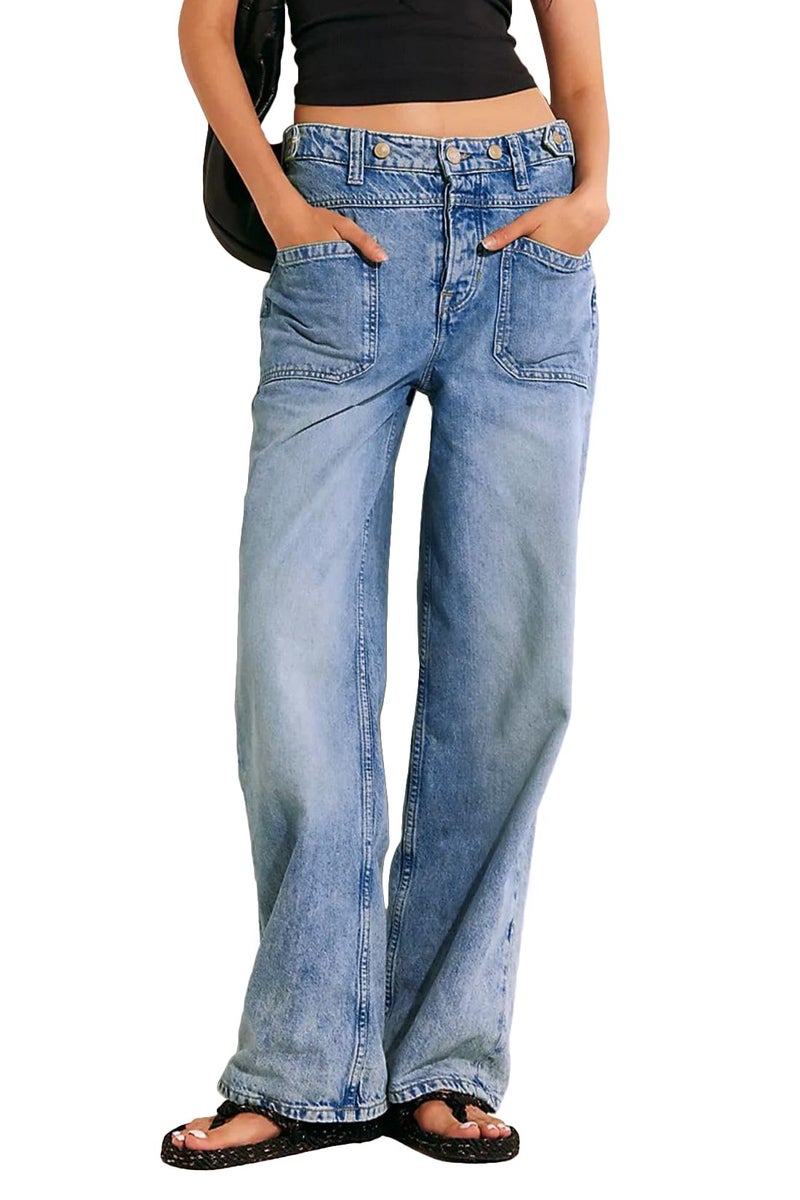 Allimy Womens High Waisted High Rise Straight Leg Baggy Stretch Wide Leg Jeans Woman Y2K Mom Boyfriend Jeans Trendy 2025 Denim Cargo Pants Blue Size 10 - Image 1