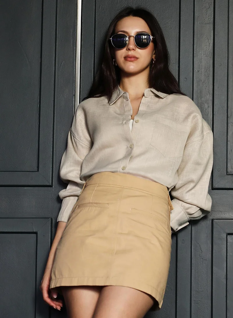 PINACOLADA Women's Solid Linen-Blend Shirt | Spread Collar , Long Button-Cuff Sleeves, Button Closure | Solid Plain Woven Shirt For Casual & Daily Wear | Khaki Beige