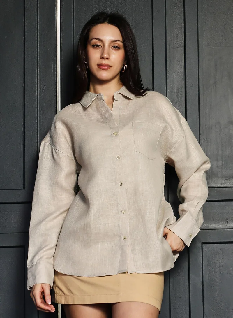 PINACOLADA Women's Solid Linen-Blend Shirt | Spread Collar , Long Button-Cuff Sleeves, Button Closure | Solid Plain Woven Shirt For Casual & Daily Wear | Khaki Beige