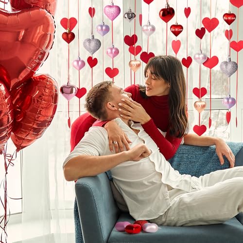 Melisheer Valentines Day Decorations, 36pcs Heart Shaped Ornaments, Glitter Red Heart Shaped Hanging Baubles, Romantic Pink Glossy Valentine's Day Decor for Party Wedding Engagement Lover - Image 5