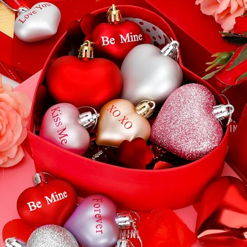 Melisheer Valentines Day Decorations, 36pcs Heart Shaped Ornaments, Glitter Red Heart Shaped Hanging Baubles, Romantic Pink Glossy Valentine's Day Decor for Party Wedding Engagement Lover - Image 4