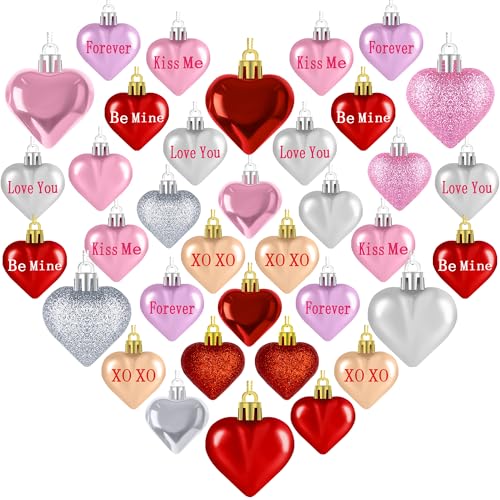 Melisheer Valentines Day Decorations, 36pcs Heart Shaped Ornaments, Glitter Red Heart Shaped Hanging Baubles, Romantic Pink Glossy Valentine's Day Decor for Party Wedding Engagement Lover - Image 1