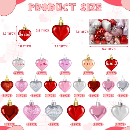 Melisheer Valentines Day Decorations, 36pcs Heart Shaped Ornaments, Glitter Red Heart Shaped Hanging Baubles, Romantic Pink Glossy Valentine's Day Decor for Party Wedding Engagement Lover - Image 2