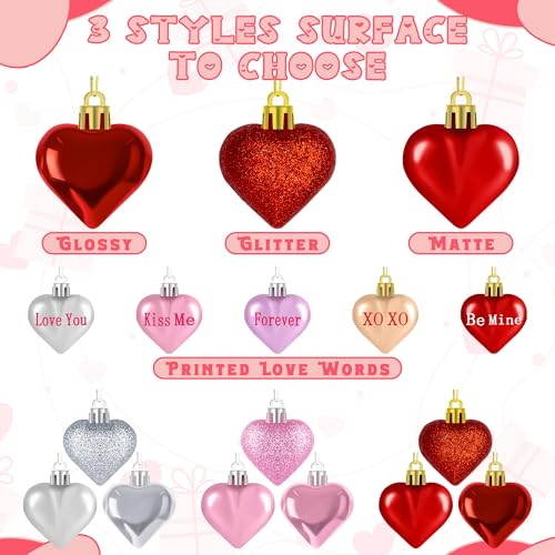 Melisheer Valentines Day Decorations, 36pcs Heart Shaped Ornaments, Glitter Red Heart Shaped Hanging Baubles, Romantic Pink Glossy Valentine's Day Decor for Party Wedding Engagement Lover - Image 3
