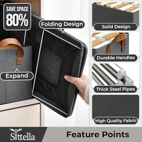 SITTELLA® Pack of 2 Foldable Wardrobe Organizer with Durable Handle, Stuff Storage Box Closet Drawer Organizers for Clothes, Toys, Blanket etc. (Grey) - Image 3