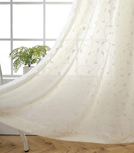 MIUCO Floral Embroidered Semi Sheer Curtains Faux Linen Grommet Curtains for Girls Room 52 x 84 Inch Set of 2, Off White - Image 1
