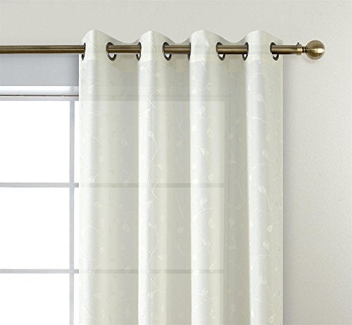 MIUCO Floral Embroidered Semi Sheer Curtains Faux Linen Grommet Curtains for Girls Room 52 x 84 Inch Set of 2, Off White - Image 3