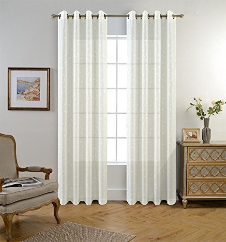 MIUCO Floral Embroidered Semi Sheer Curtains Faux Linen Grommet Curtains for Girls Room 52 x 84 Inch Set of 2, Off White - Image 2