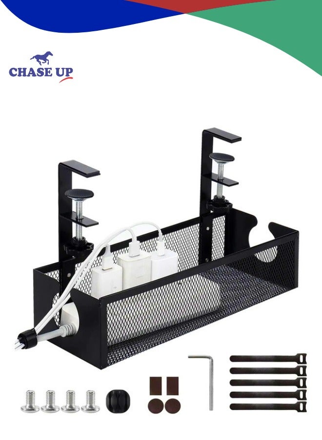 Chase Up Under Desk Cable Management Tray Black, Cable Management Under Desk No Drill, Cable Tray with Clamp for Desk Wire Management,Desk Cable Management Box for Office, Home - No Damage to Desk