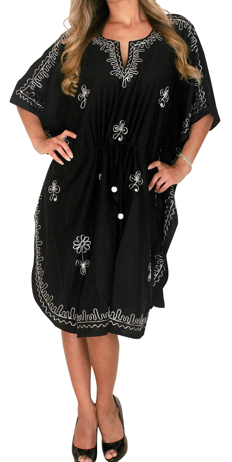 LA LEELA Women's Short Caftan Boho Mini Dress One Size Black Embroidery - Image 1