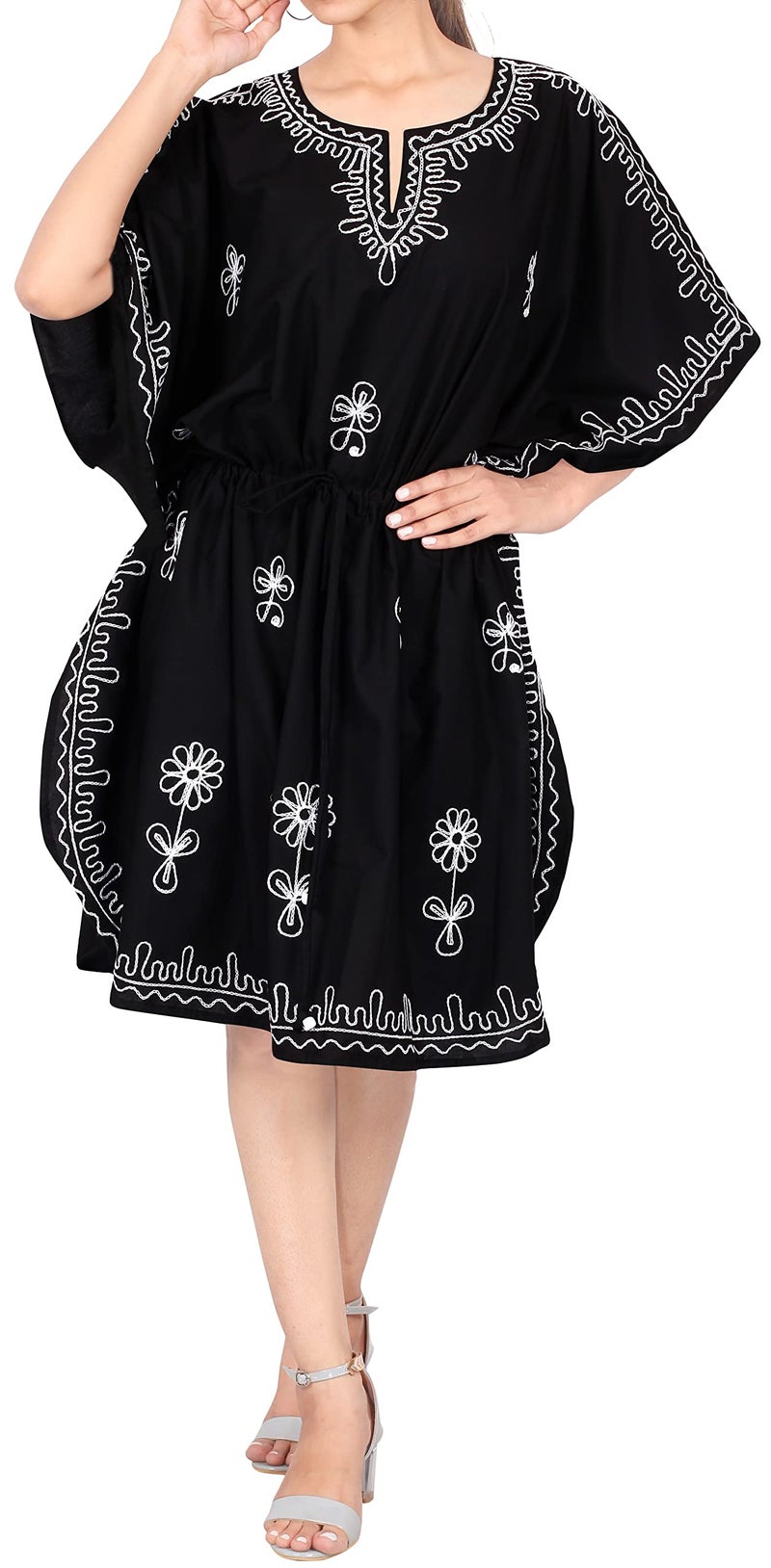 LA LEELA Women's Short Caftan Boho Mini Dress One Size Black Embroidery - Image 2