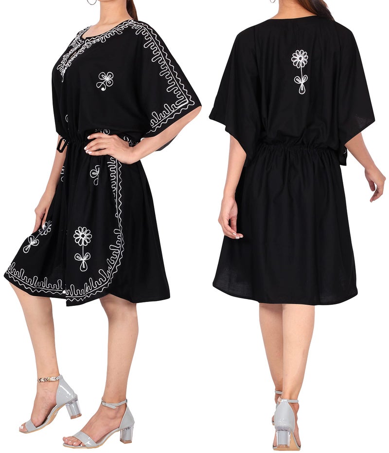LA LEELA Women's Short Caftan Boho Mini Dress One Size Black Embroidery - Image 4
