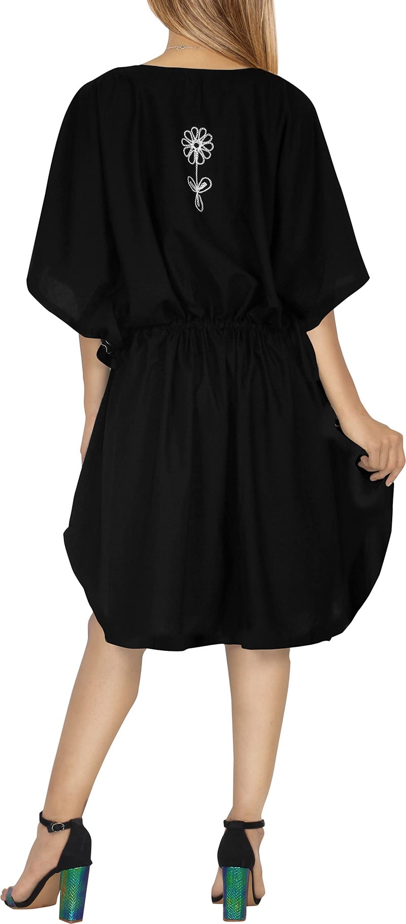 LA LEELA Women's Short Caftan Boho Mini Dress One Size Black Embroidery - Image 5