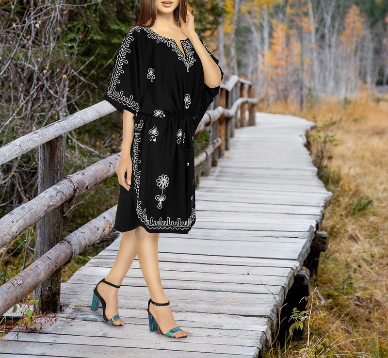 LA LEELA Women's Short Caftan Boho Mini Dress One Size Black Embroidery - Image 3