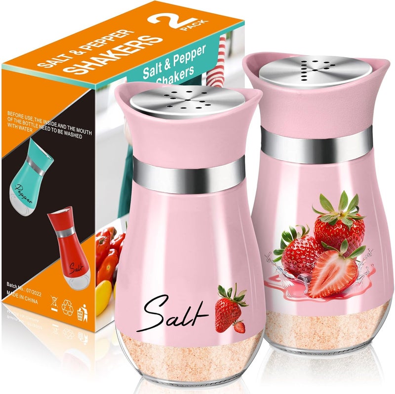 2 Pack Strawberries Salt and Pepper Shakers,4 oz Cute Stainless Steel Glass Containers,Suitable for Kitchen Theme Decor Sets,Camping,BBQ(Pink)