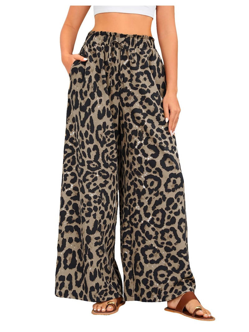 OYOANGLE Women's Leopard Print Elastic High Waist Wide Leg Pants Tie Front Pockets Loose Casual Trousers Brown Black Large - Image 1