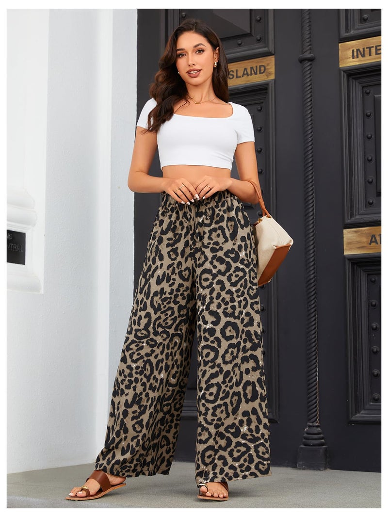 OYOANGLE Women's Leopard Print Elastic High Waist Wide Leg Pants Tie Front Pockets Loose Casual Trousers Brown Black Large - Image 4