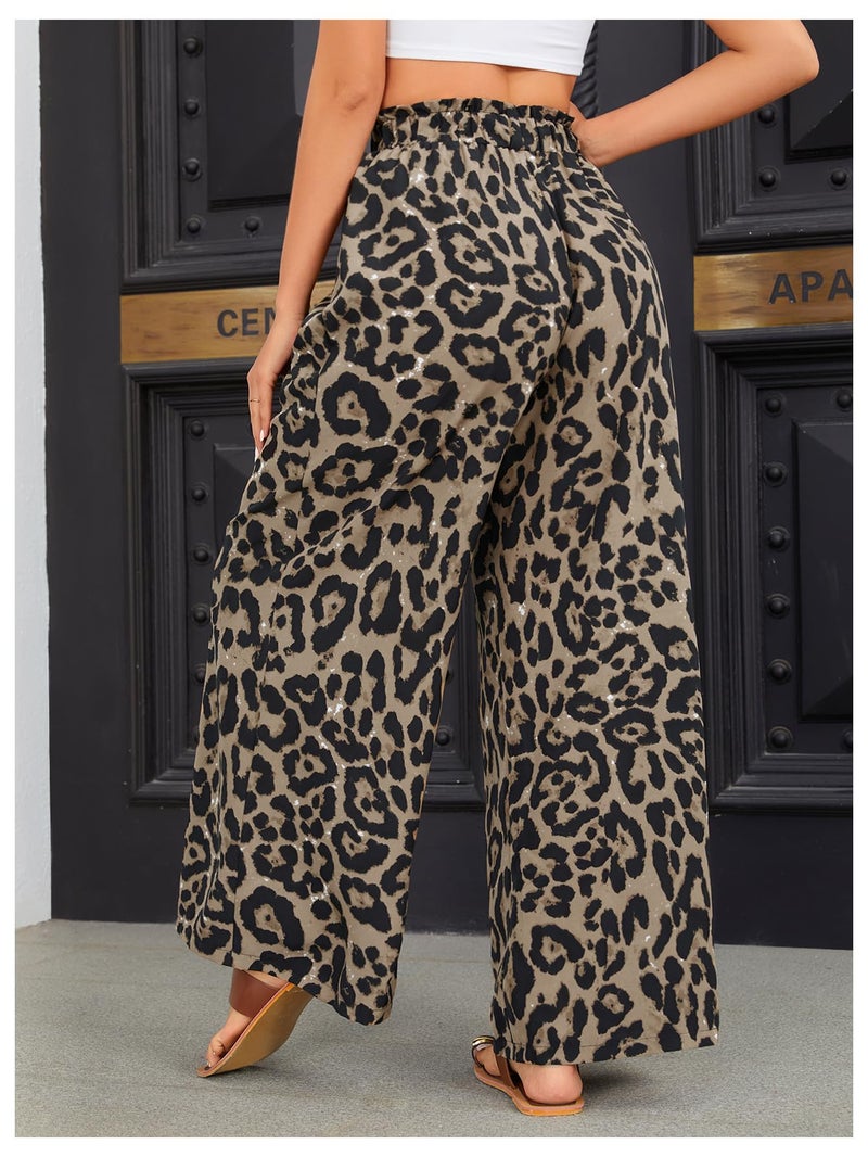 OYOANGLE Women's Leopard Print Elastic High Waist Wide Leg Pants Tie Front Pockets Loose Casual Trousers Brown Black Large - Image 2