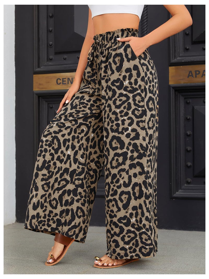 OYOANGLE Women's Leopard Print Elastic High Waist Wide Leg Pants Tie Front Pockets Loose Casual Trousers Brown Black Large - Image 3