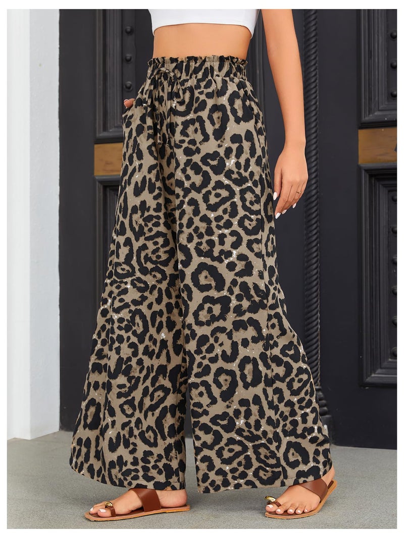 OYOANGLE Women's Leopard Print Elastic High Waist Wide Leg Pants Tie Front Pockets Loose Casual Trousers Brown Black Large - Image 5