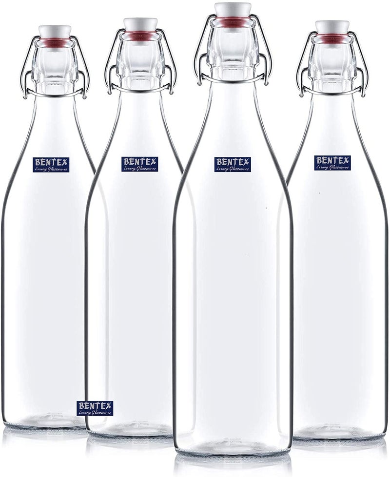 BENTEX LUXURY GLASSWARES BENTEX LUXURY GLASSWARES Swing Top Flip with Airtight Cap Glass Bottles Set For Fridge Storage Beverages Smoothies Soda Juice Water Milk Transparent 1000 ml Pack of 4  - Image 1