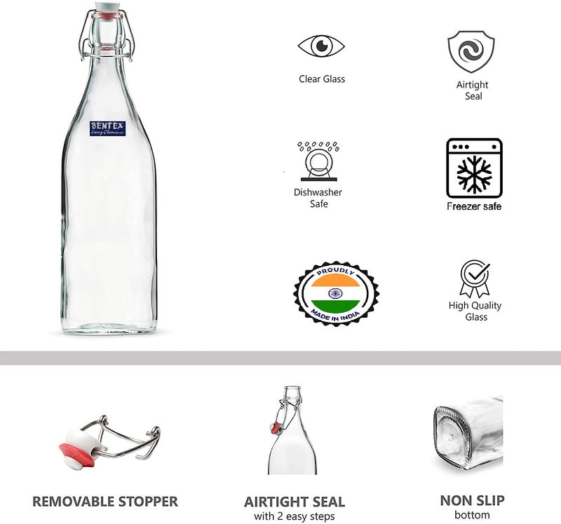 BENTEX LUXURY GLASSWARES BENTEX LUXURY GLASSWARES Swing Top Flip with Airtight Cap Glass Bottles Set For Fridge Storage Beverages Smoothies Soda Juice Water Milk Transparent 1000 ml Pack of 4  - Image 3
