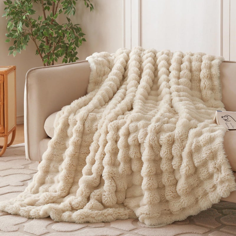 COOVA Faux Fur Throw Blanket for Couch Cozy Soft and Fuzzy Plush Rabbit Fur Bubble Blanket for Sofa Bedroom Living Room 50x60 Inches Light Taupe