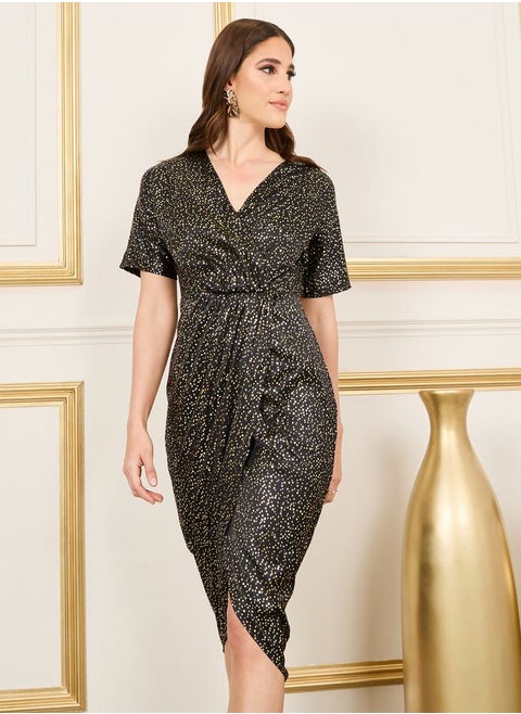 Shiny Spot Wrap Style Bodycon Midi Dress